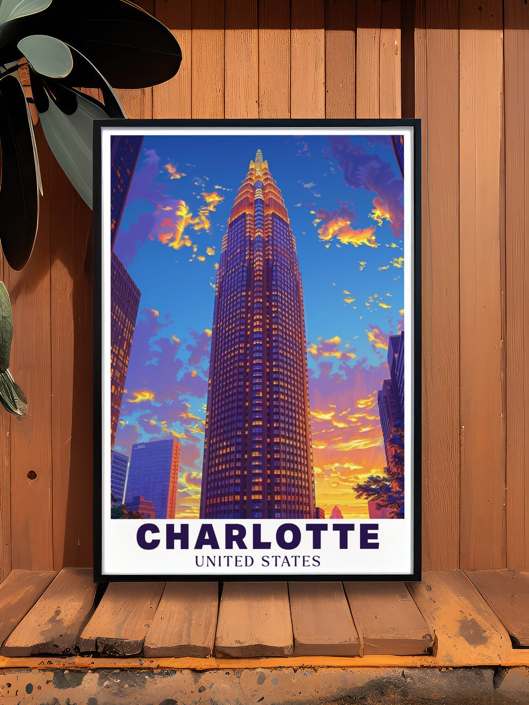 Our Charlotte wall poster features the stunning Bank of America Corporate Center, the defining landmark of this southern citys skyline. With its sleek design and fine lines, this travel print captures the essence of Charlotte, making it a beautiful addition to your art collection. Ideal for those who love modern architecture and cityscapes.