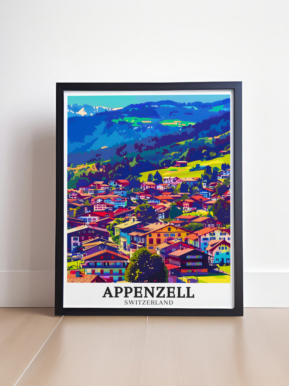 Appenzell travel poster showcasing the blend of traditional Swiss village life and the majestic Alpstein massif. This print is perfect for anyone who loves exploring the beauty of Switzerlands unique regions.