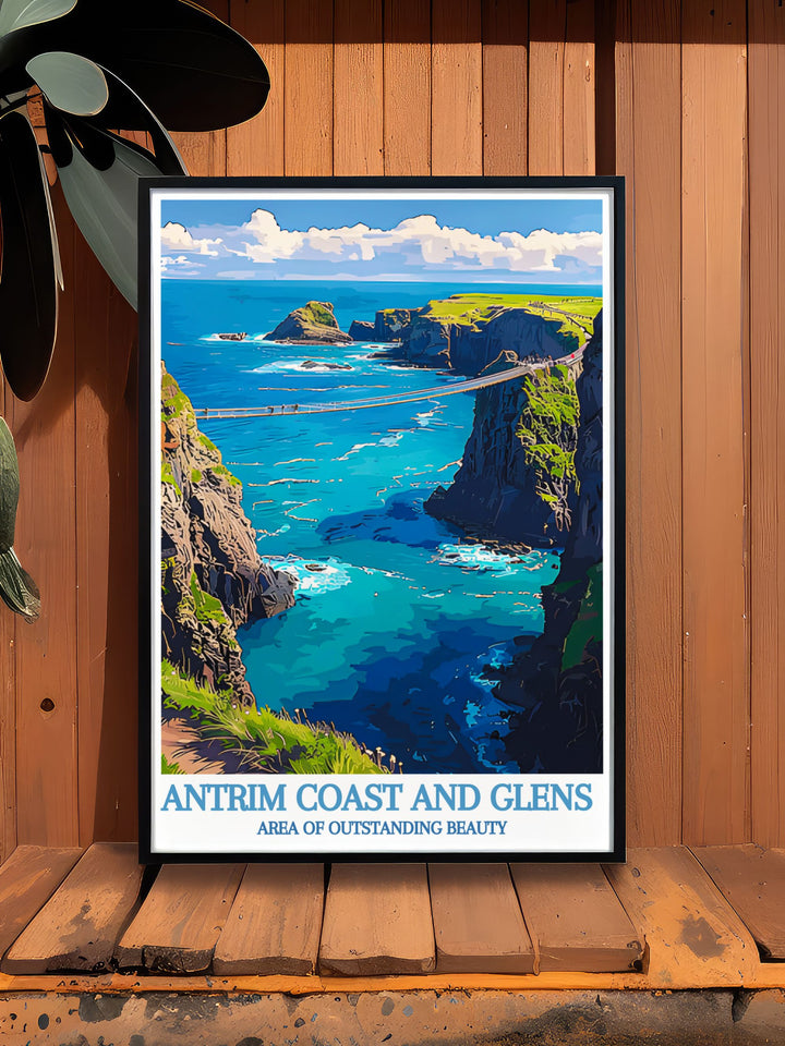 Vintage travel print of the Antrim Coast, capturing the historic and natural beauty of Northern Irelands famous coastline.