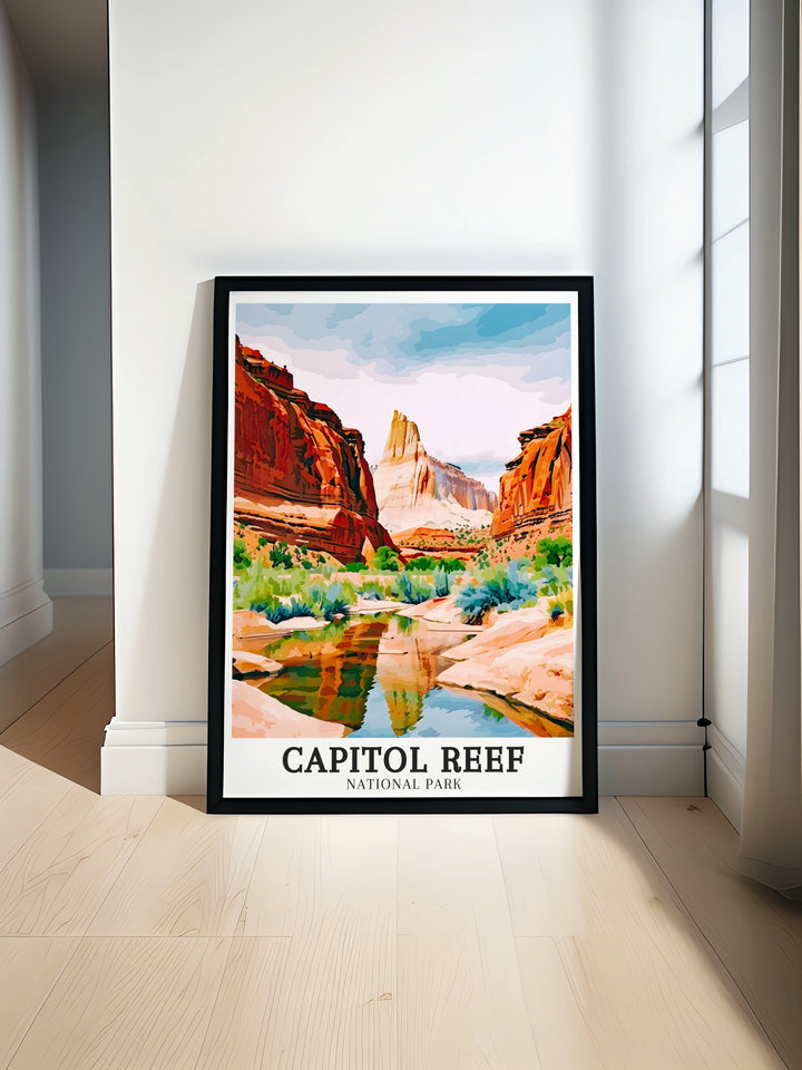 Lower Muley Twist Canyon Framed Art highlights the beauty of Capitol Reefs iconic canyon, with its towering walls and unique geological formations. Perfect for fans of the American Southwests rugged landscapes.