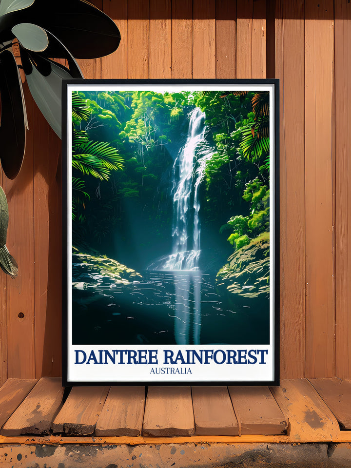 Daintree Rainforest Art Print showcases the lush, green world of Australias Daintree. With depictions of Spring Creek Falls and Mowbray Valley, this travel art adds a serene and scenic touch to your living space. A perfect gift for adventure seekers and nature lovers.