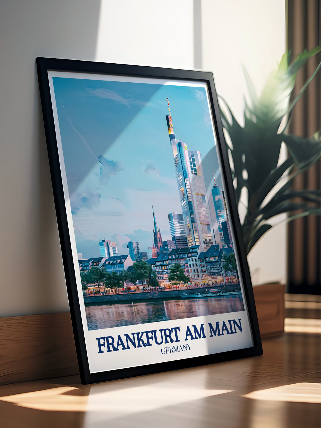 Unique Frankfurt art piece showcasing the iconic Commerzbank Tower historic St. Pauls Church and River Main a beautiful addition to modern prints collections and home decor