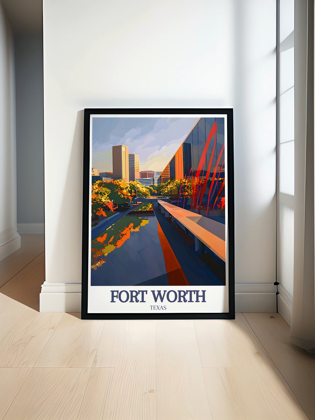 Fort Worths unique charm is captured in this wall art print, featuring landmarks like the Fort Worth Cultural District and Tarrant County. This travel poster is perfect for lovers of Texas and those seeking to celebrate the states cultural treasures.