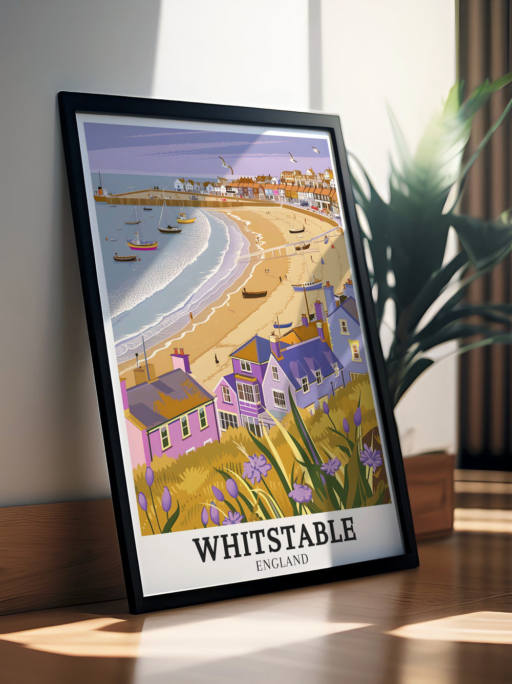 Art print of Whitstable Beach highlighting its natural beauty and coastal charm. This detailed illustration is perfect for adding a touch of seaside magic to your living space, creating a serene and inviting atmosphere.