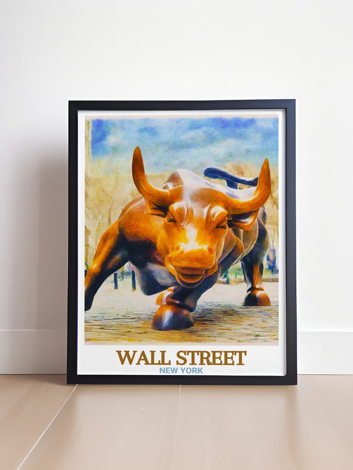 Wall Street Travel Poster highlights the vibrant atmosphere of New Yorks famous financial district, complete with the Charging Bull and its surrounding landmarks. A great gift for New York lovers or those inspired by the citys energy.