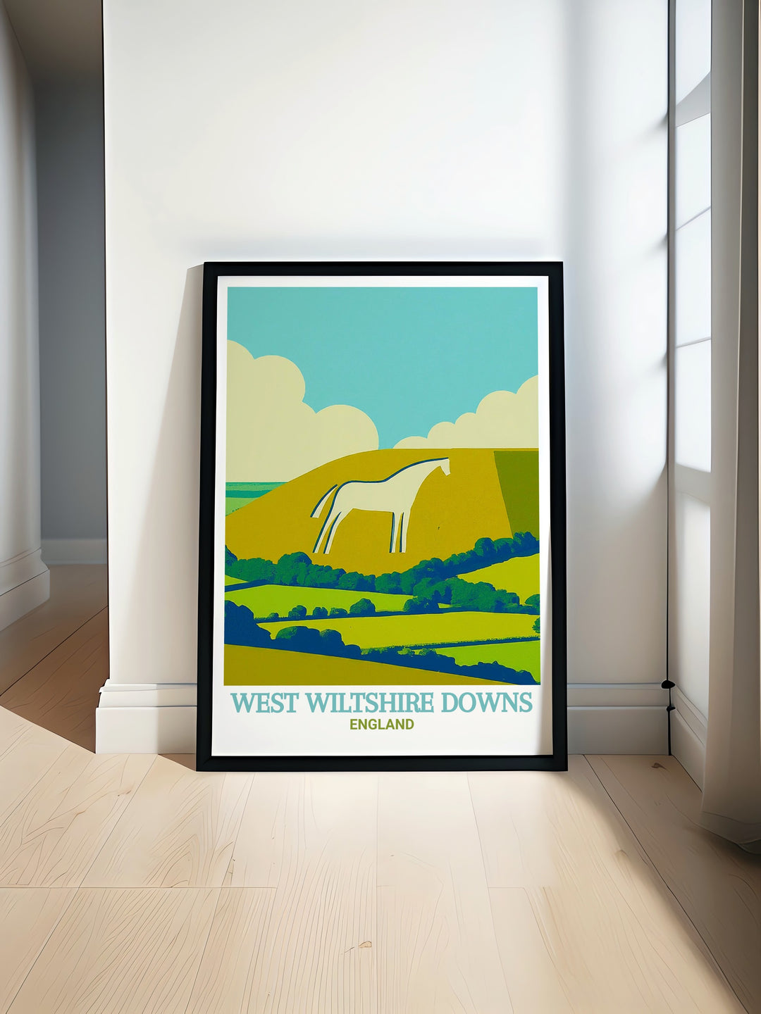 Wiltshire travel print featuring the Westbury White Horse and the sweeping hills of the Downs. This artwork is a celebration of both nature and history, offering a timeless addition to any room.