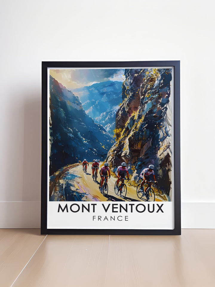 Cycle touring prints featuring Gorges de la Nesque and Mont Ventoux perfect for adding a touch of adventure to your living room decor