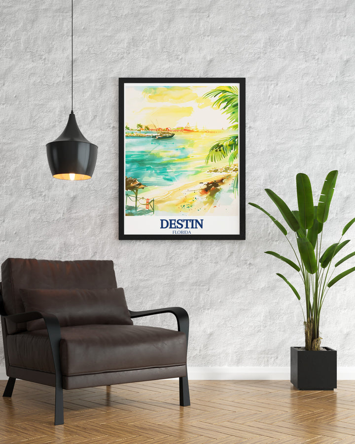 Destin Travel Print captures the serene beauty of Crab Island and the bustling activity of Destin Harbor. This wall art is perfect for adventurers and travelers who love the beach and want to bring the essence of Florida into their home.