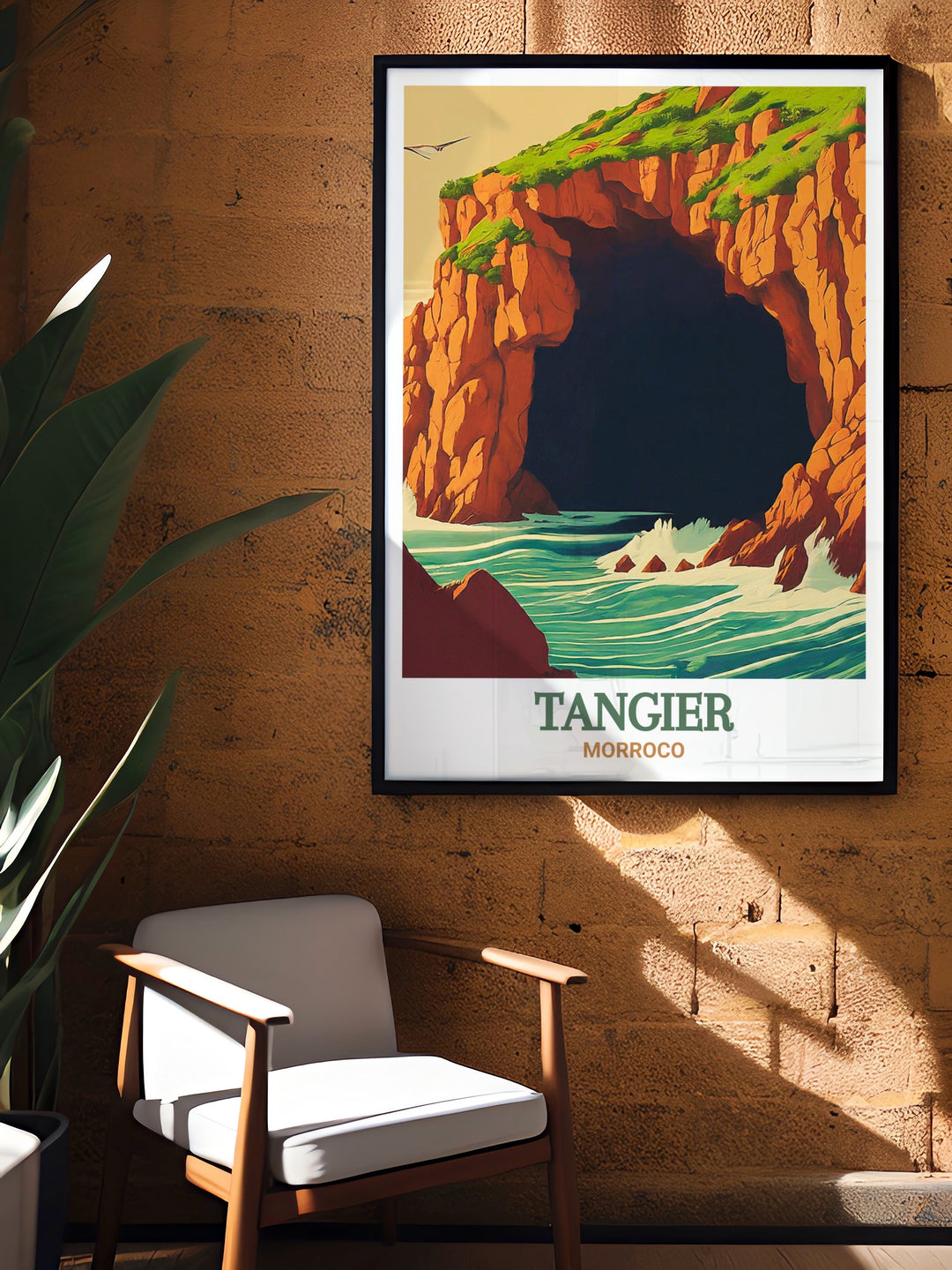 This Tangier travel poster captures the striking beauty of the Hercules Caves. The dramatic lighting and natural contours of the cave create an eye catching wall art piece perfect for travel lovers and adventurers.