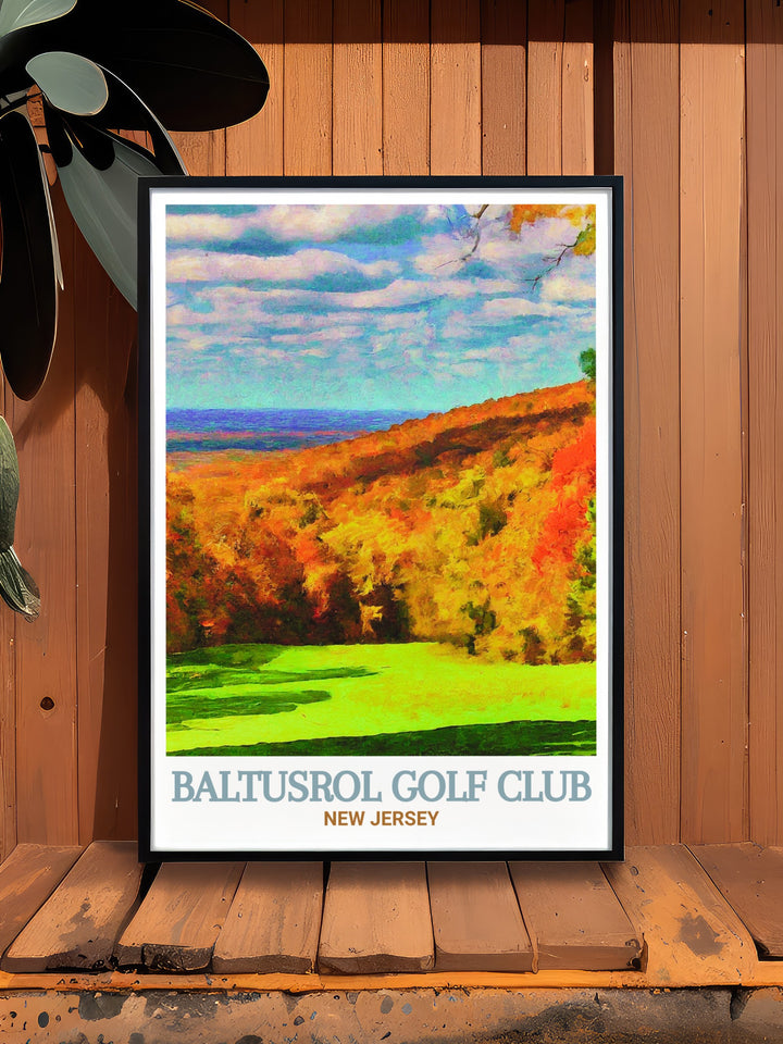 Baltusrol Golf Club Wall Art featuring the legendary golf course and the serene landscapes of South Mountain Reservation. This golf poster is a stunning representation of both landmarks, making it an excellent addition to any home or office decor for those who appreciate golf and nature.