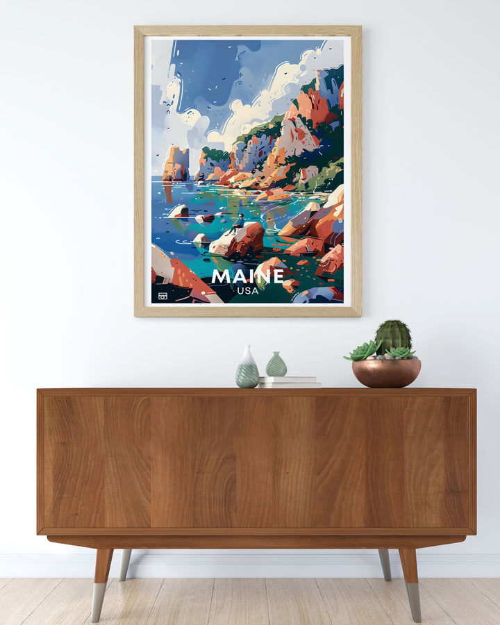Celebrating the diverse ecosystems of Acadia National Park, this poster captures the parks lush forests, rocky shores, and serene lakes. Perfect for those who appreciate the tranquility and beauty of nature, this artwork brings the essence of Acadia into your home.