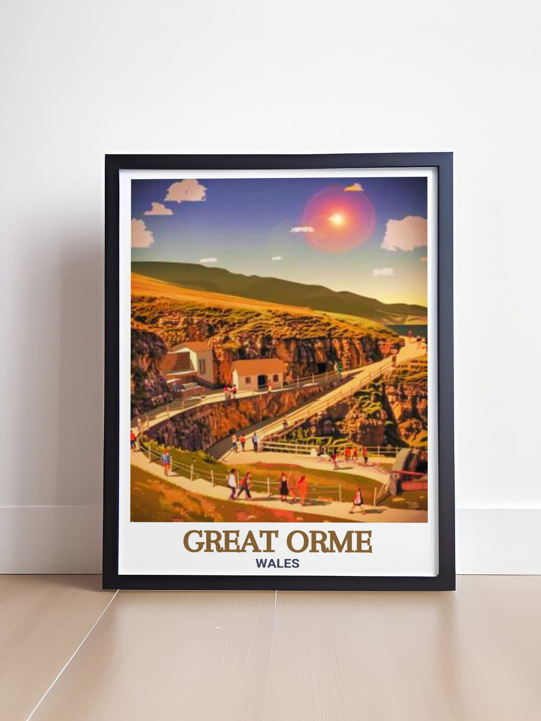 This stunning travel print of Great Orme in Wales showcases the natural beauty and historical significance of the Great Orme Copper Mines. Perfect for home décor or as a gift, this poster brings a piece of Welsh heritage to any space.