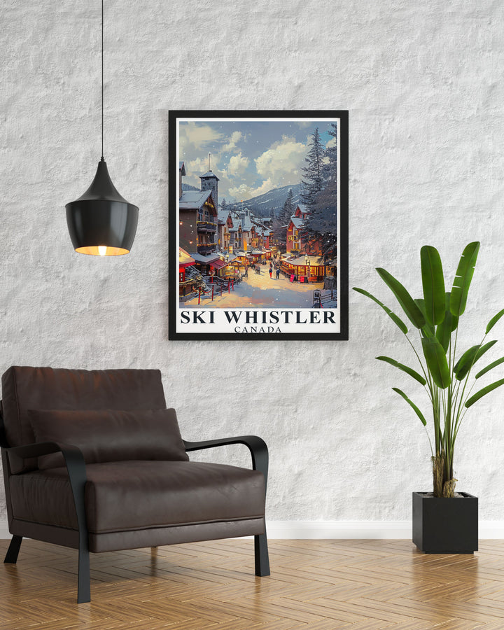This poster of Whistler captures the breathtaking mountain scenery and vibrant energy of the ski resort and village, inviting viewers to experience the unique charm and adventure of Whistler Blackcomb.