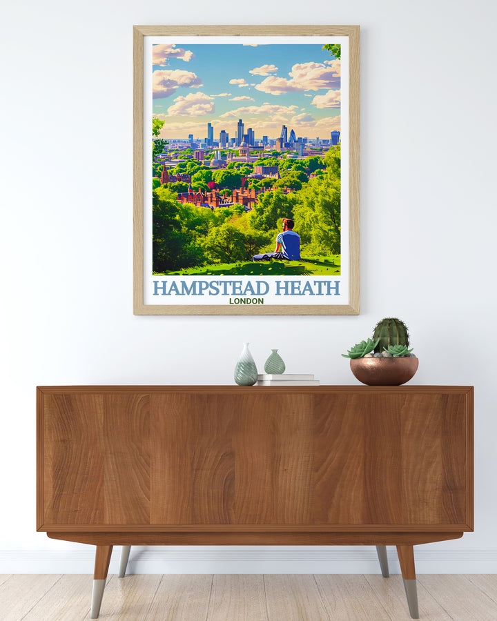 A stunning canvas print of Hampstead Heaths Parliament Hill, showcasing the iconic view of Londons skyline and the serene park below. This travel poster is a must have for those who love Londons outdoor landmarks.