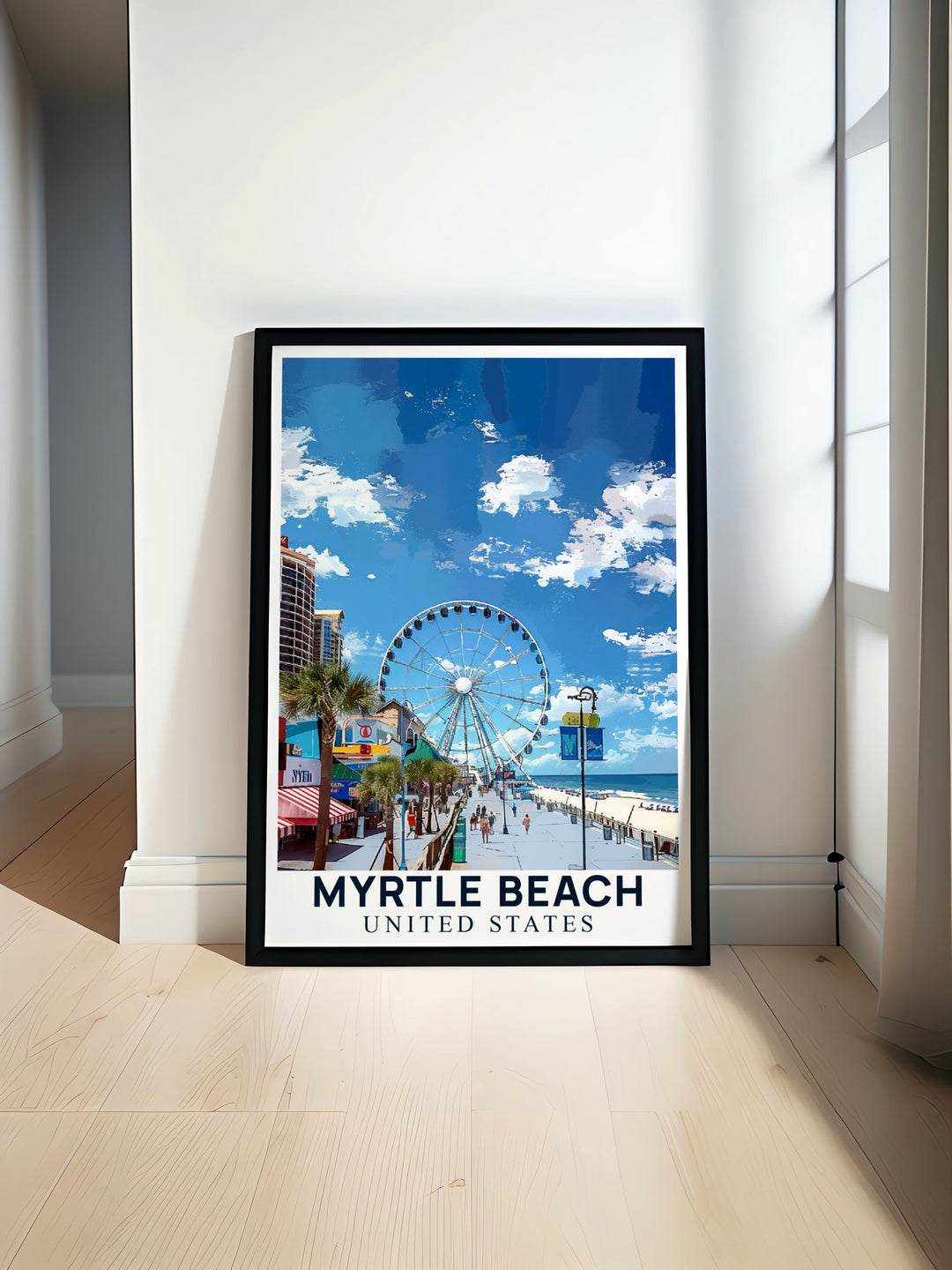 Myrtle Beach Print featuring a black and white boardwalk scene perfect for adding elegance to any room with fine line details and a unique city map design