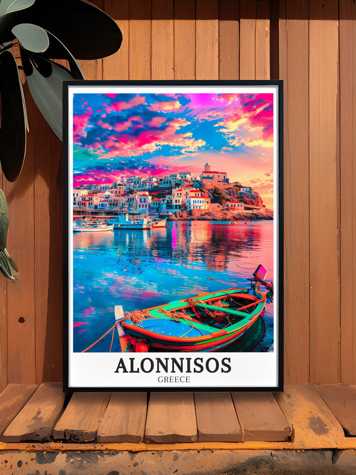 Patitiri harbor framed art highlighting the serene beauty of this iconic Alonnisos location. This wall art captures the crystal clear waters and stunning views of Greeces island landscapes, perfect for home decor.