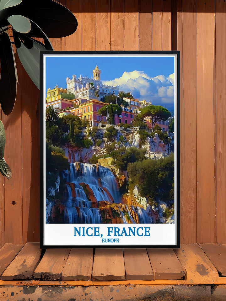 Bring the beauty of the French Riviera into your home with this exquisite travel poster of Colline du Château, featuring the breathtaking views and rich historical significance of Nices iconic hilltop.