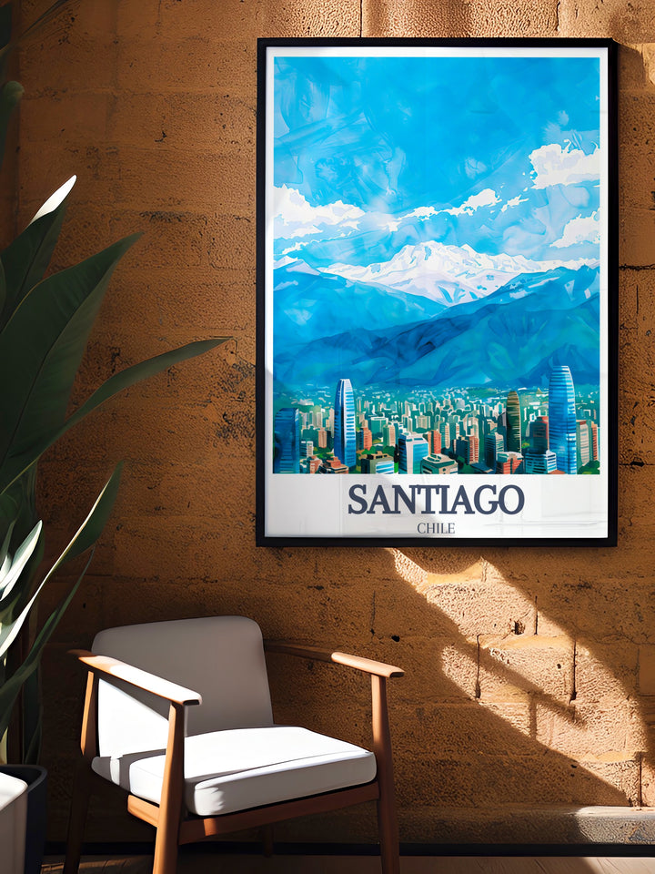 Elevate your living space with this Santiago cityscape and Andes Mountains Spain wall decor A stunning piece for any room this artwork captures the beauty of Spanish architecture and landscapes making it a perfect choice for modern and classic interiors