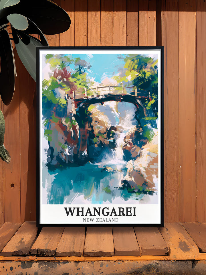 Whangarei Travel Print featuring a detailed representation of Whangareis natural landmarks, including the cascading Whangarei Falls and the serene Hatea River. This New Zealand wall art is a must have for anyone who cherishes the beauty of New Zealands wilderness.