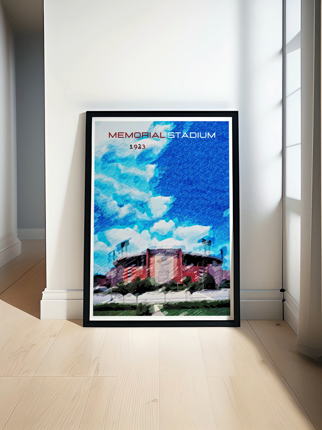 Memorial stadium poster print featuring the Missouri Tigers in vibrant college football art perfect for sports fans and college dorm decor capturing the excitement of game day at Memorial Stadium