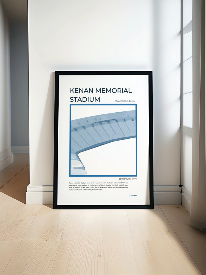 Kenan Memorial Stadium print showcasing UNC Tar Heels football action makes a perfect gift for college football fans and alumni. This retro college football art brings the excitement of the game into any living room or dorm with its vibrant colors and detailed design.