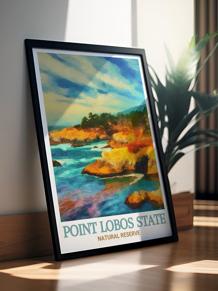 Wall art of Point Lobos, focusing on the majestic views of China Cove and the diverse wildlife that thrives in this coastal reserve. This framed art piece is a perfect way to bring a piece of Californias natural heritage into your home.