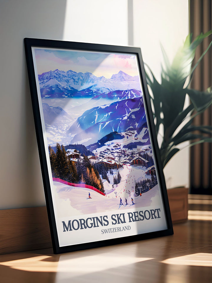 This Morgins Ski Resort Canvas Art captures the thrill of alpine skiing and the serene beauty of Morgins Village. The print showcases the Dents du Midi mountains, making it perfect for anyone who loves the Swiss Alps and winter sports.