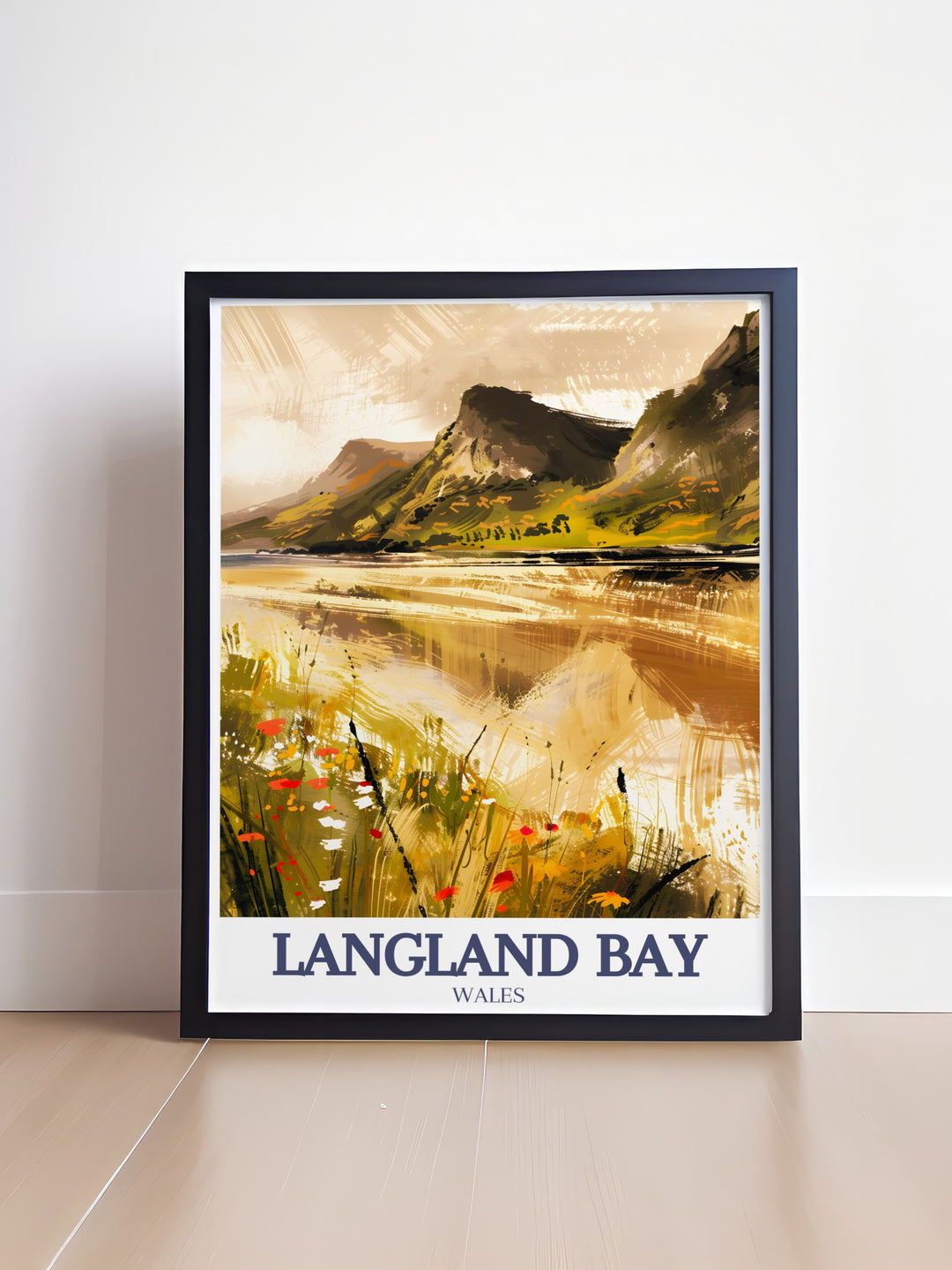 Three Cliffs Bay Framed Art offers a detailed depiction of the dramatic cliffs and natural splendor of the Gower Peninsula. This travel poster adds a scenic and adventurous element to any home decor.