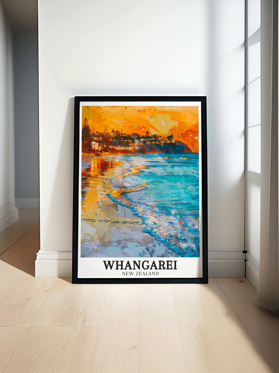 Whangarei Falls Decor capturing the essence of one of New Zealands most famous waterfalls. This New Zealand travel poster brings the majestic Whangarei Falls into your home, creating a serene and nature inspired environment.