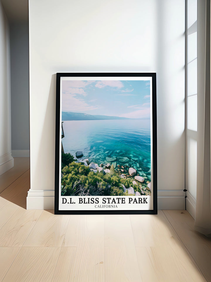 Experience the natural beauty of Rubicon Point Lake Tahoe with our Bliss State Park poster print featuring stunning California art perfect for any space in your home. Add a touch of serenity to your living room with these beautiful Lake Tahoe prints