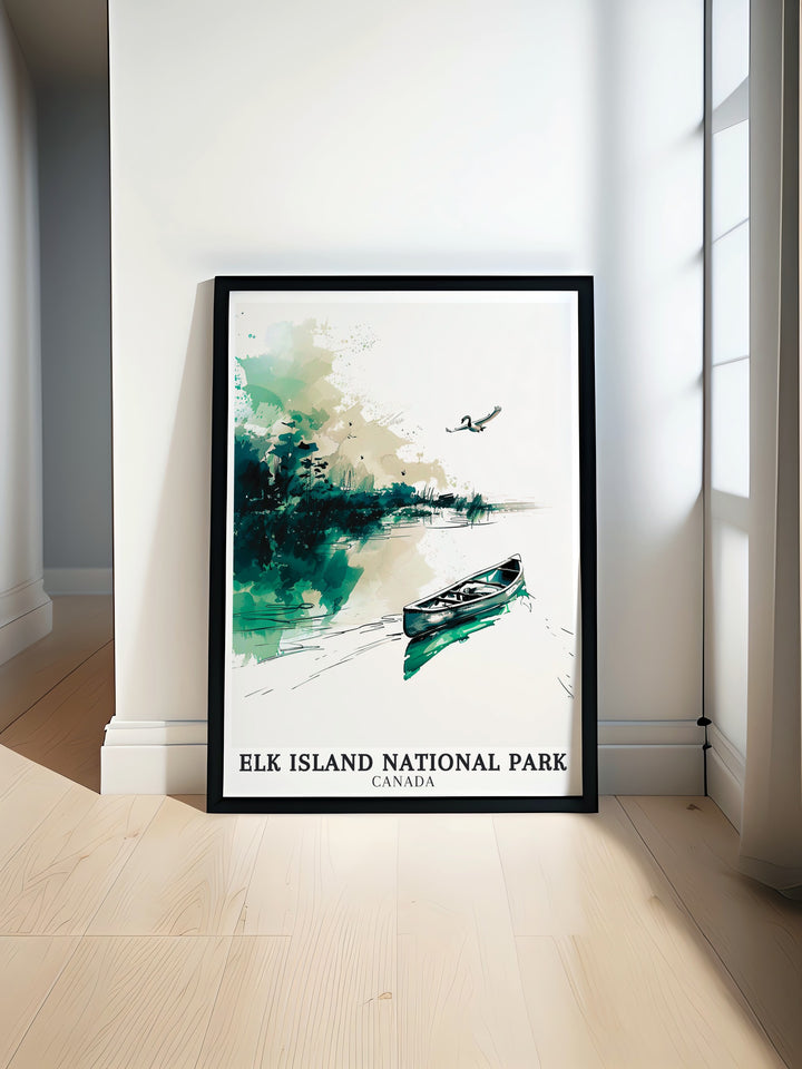 Oster Lake Canadian wall art, featuring the lush surroundings and peaceful waters of Elk Island National Park. This print is an excellent choice for adding a touch of nature to your home decor.