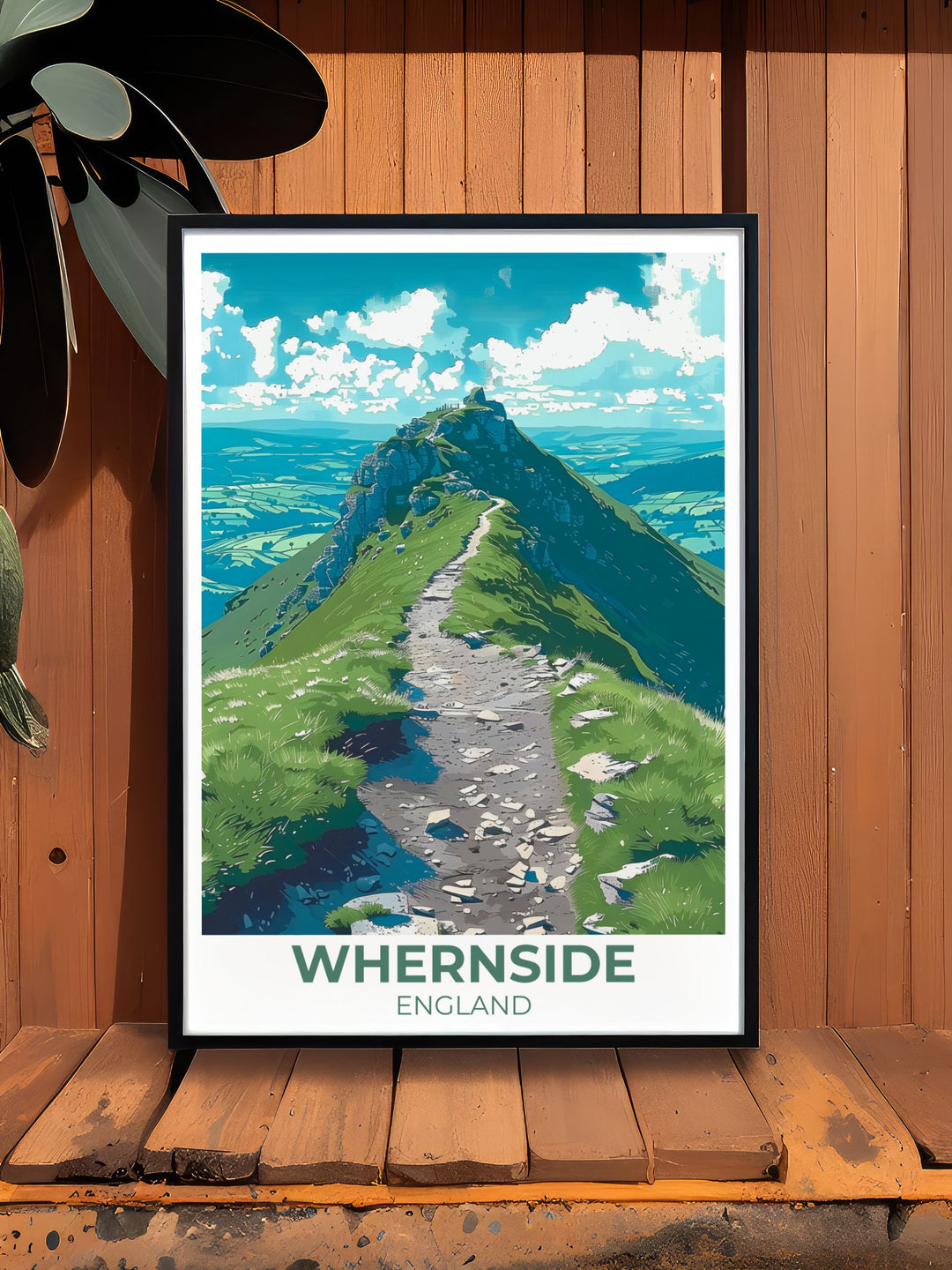 Timeless framed art depicting the serene beauty of Whernside, Yorkshire. The vibrant colors and detailed illustrations highlight the peaks majestic views, making it a perfect addition to any room.