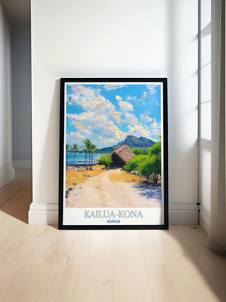 Travel poster showcasing the serene beaches and vibrant marine life of Kailua Kona, Hawaii. The vibrant colors capture the essence of this tropical paradise, perfect for any home decor.
