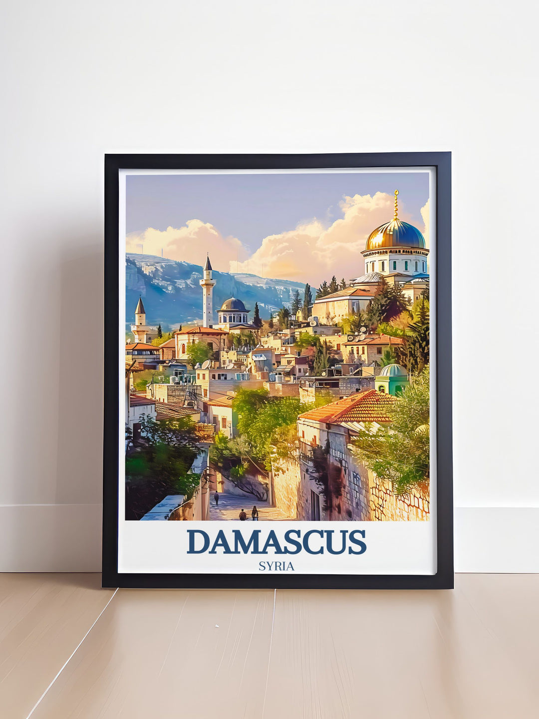 A vibrant print of Damascus showcasing the historic skyline of the Old City, with its intricate minarets and domes, perfect for adding a touch of Middle Eastern charm to your decor.