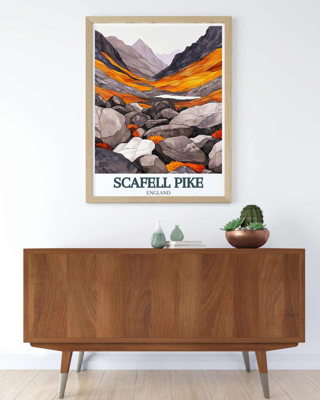 Mountain wall art featuring Scafell Pike located in the heart of Lake District National Park England designed to bring the adventure and natural beauty of hiking into your home with a stylish and modern travel poster ideal for nature lovers and travelers.