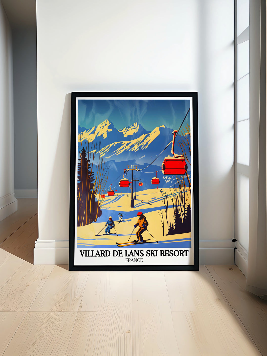 Villard de Lans Ski Resort Poster Print featuring the Espace Villard de Lans Corrençon ski area and the majestic Vercors mountains brings a vintage travel vibe to your home decor perfect for skiing and snowboarding enthusiasts who appreciate retro art.