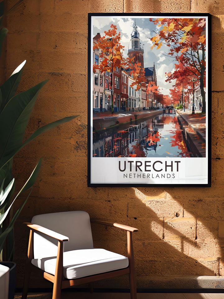 Bring the beauty of Utrechts Oudegracht Canal into your home with this stunning art print. Featuring detailed illustrations of the canals waters and surrounding architecture, this piece adds charm and elegance to any space.