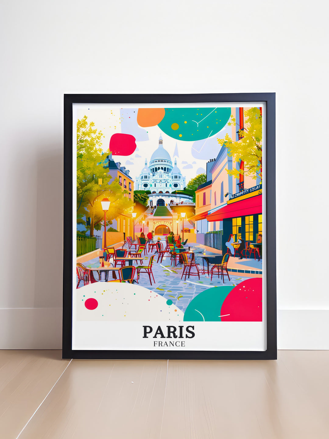 Colorful Paris Art Print of Sacre Coeur Basilica and Montmartre perfect for decorating your living room or bedroom. This modern print is a great gift idea for friends and loved ones.