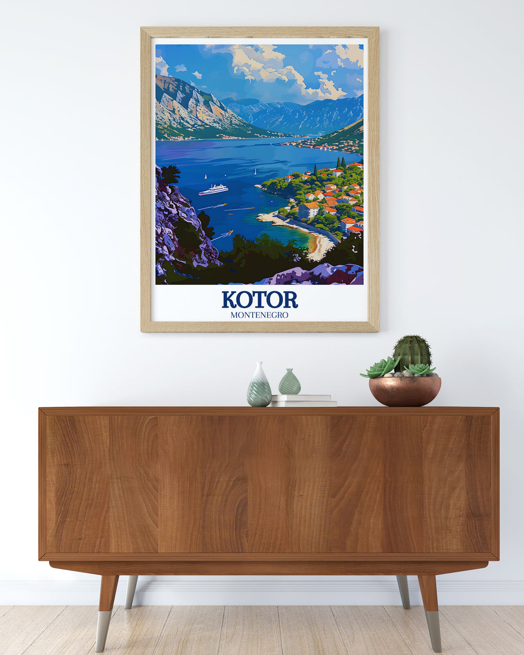 Kotor Bay wall art showcasing the beautiful coastline of Montenegro. This travel poster print offers a stunning view of the Adriatic Sea and is perfect for decorating your living room or bedroom.