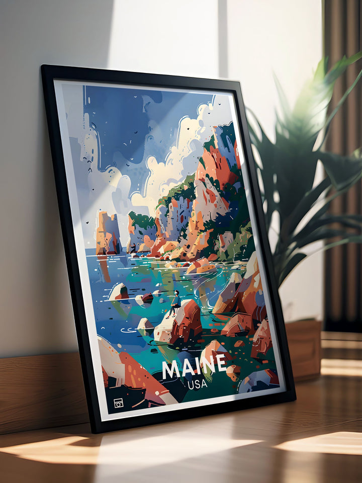 This art print features the dramatic landscapes of Acadia National Park, capturing its rugged beauty and serene ambiance. Ideal for those who love peaceful natural settings and scenic views, this poster brings the captivating charm of Acadia into your living space.