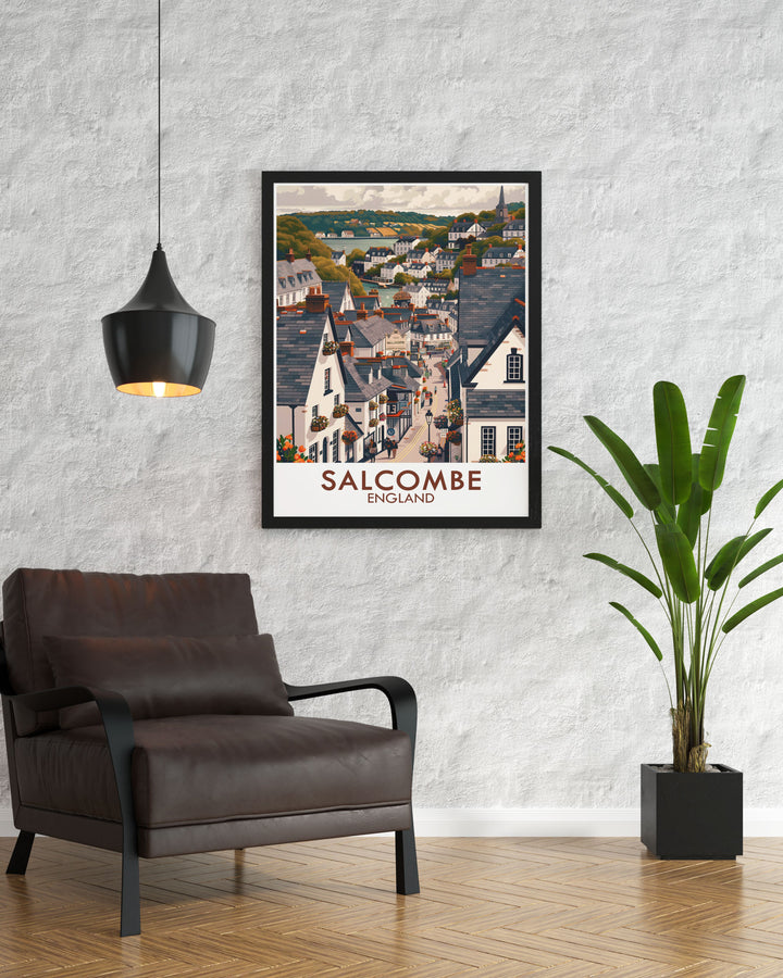 This framed print of Salcombe Town Centre is a perfect addition to your living room decor capturing the timeless charm of Salcombe Devon