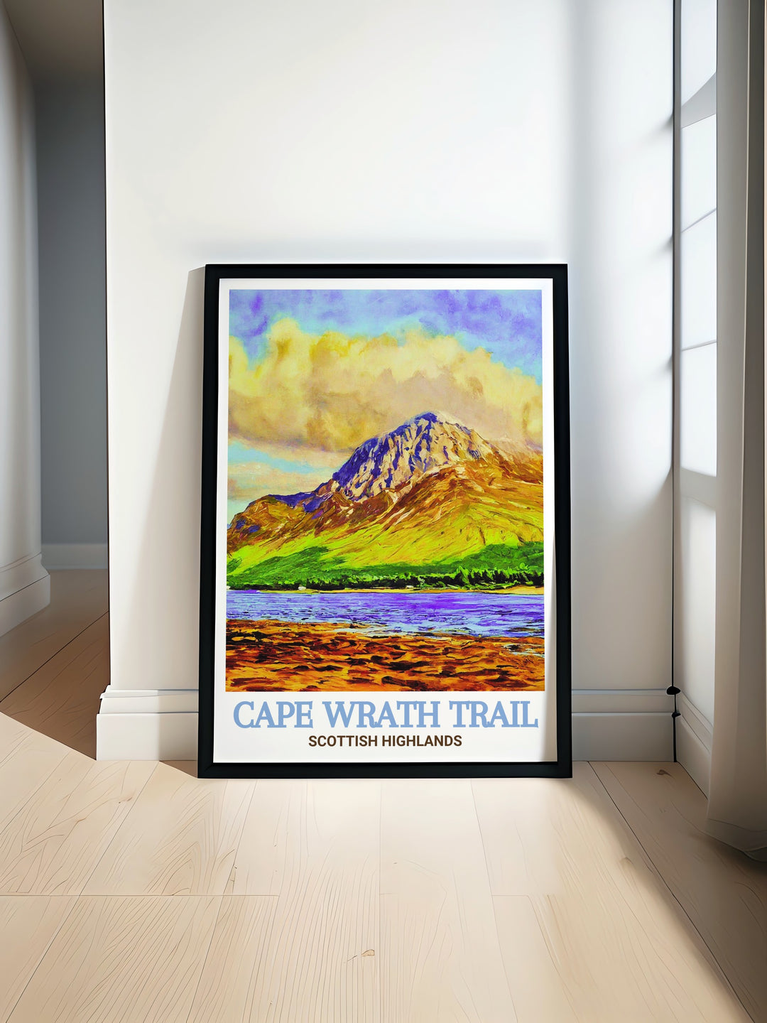 Cape Wrath Trail Poster Print captures the breathtaking landscapes of Scotlands most iconic hiking trail, featuring rugged coastlines and the challenging terrain of the Scottish Highlands. Perfect for hiking enthusiasts and those who love Scotlands natural beauty.