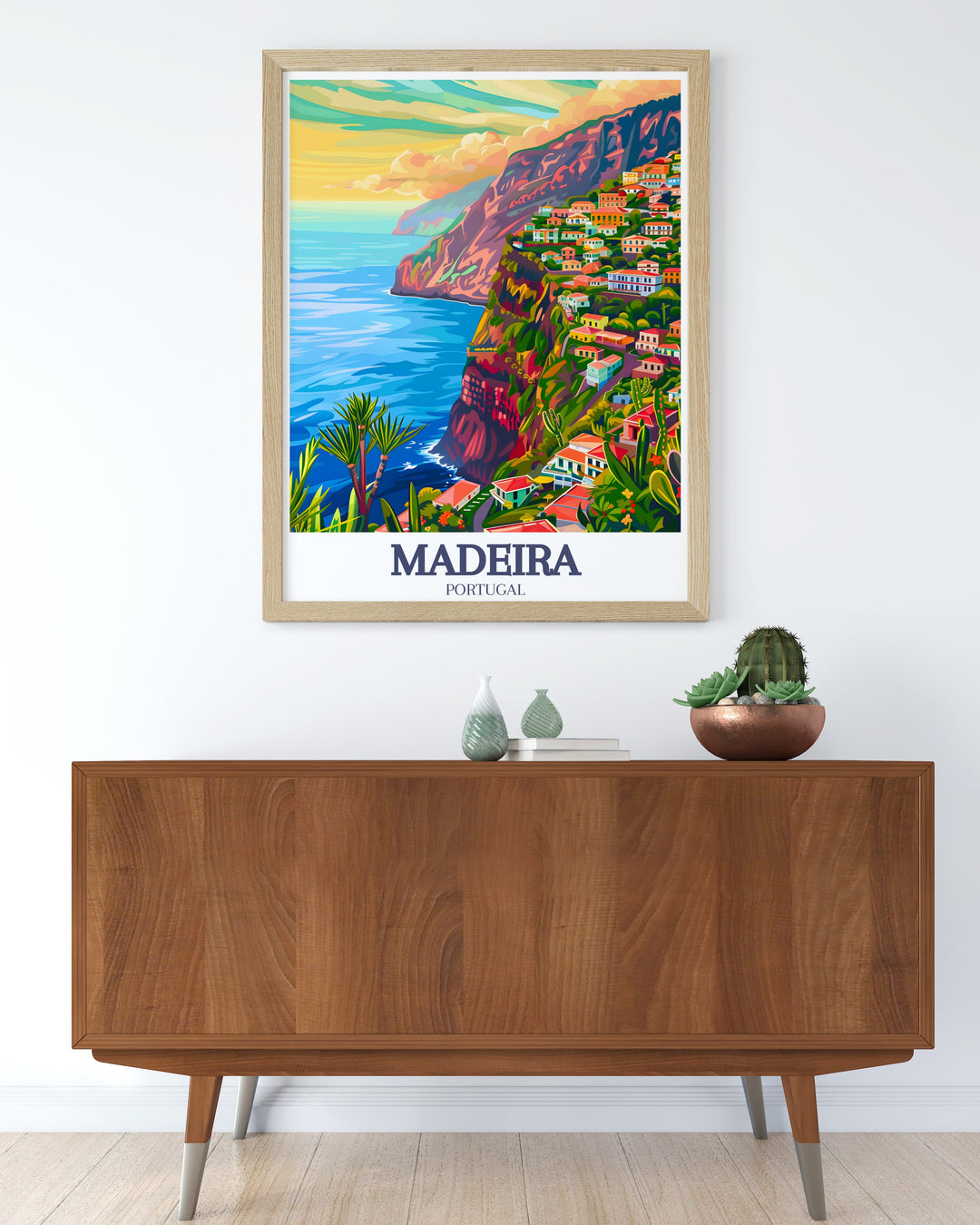 This Cabo Girão travel print highlights the awe inspiring cliffs of Madeiras southern coast. Pair it with a detailed depiction of Funchal for a dual landmark canvas art that brings Portugals unique landscape into your living space. A perfect piece for world travelers and art lovers.