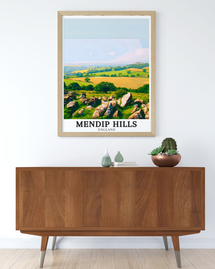 Celebrate the beauty of Somersets natural landmarks with this travel poster of the Mendip Hills, Crook Peak, and Compton Hill. The artwork highlights the rugged landscapes and tranquil views of these AONBs, making it an ideal addition to any home.