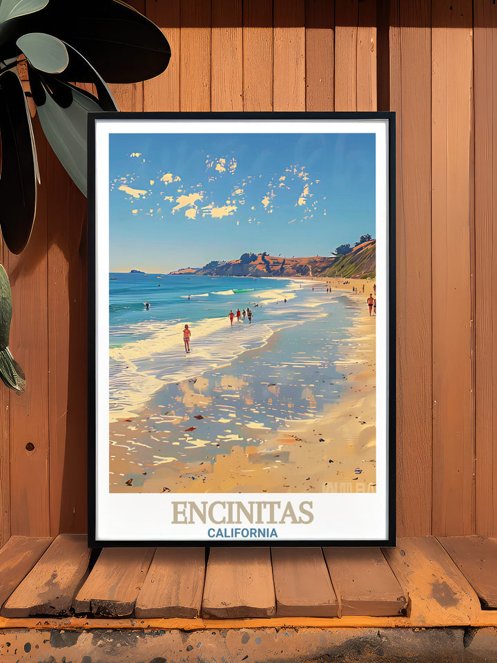 Moonlight State Beach canvas art captures the serene beauty of Californias coast, with the vibrant colors of Encinitas and the soft sunset hues of the beach. This travel print is perfect for decorating any room or as a personalized gift for lovers of the sea.