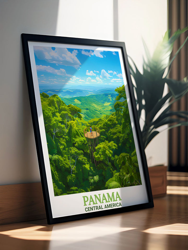 Panama Poster Print featuring the natural beauty of Panama City Beach and the lush rainforests of Soberanía National Park. This travel print captures the serenity of the beach and the vibrancy of Panamas tropical landscapes, making it perfect for coastal decor and nature lovers.