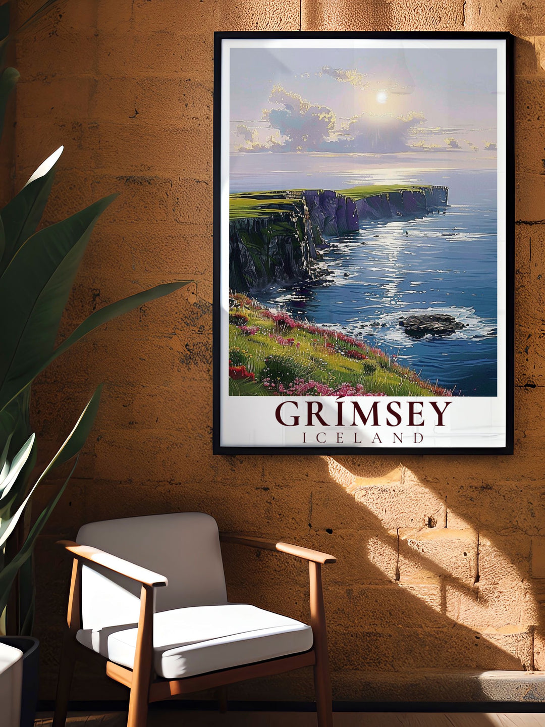 An intricate illustration of Grimsey Islands wildlife, including puffins and coastal scenery, bringing the islands natural charm and biodiversity into your living space.