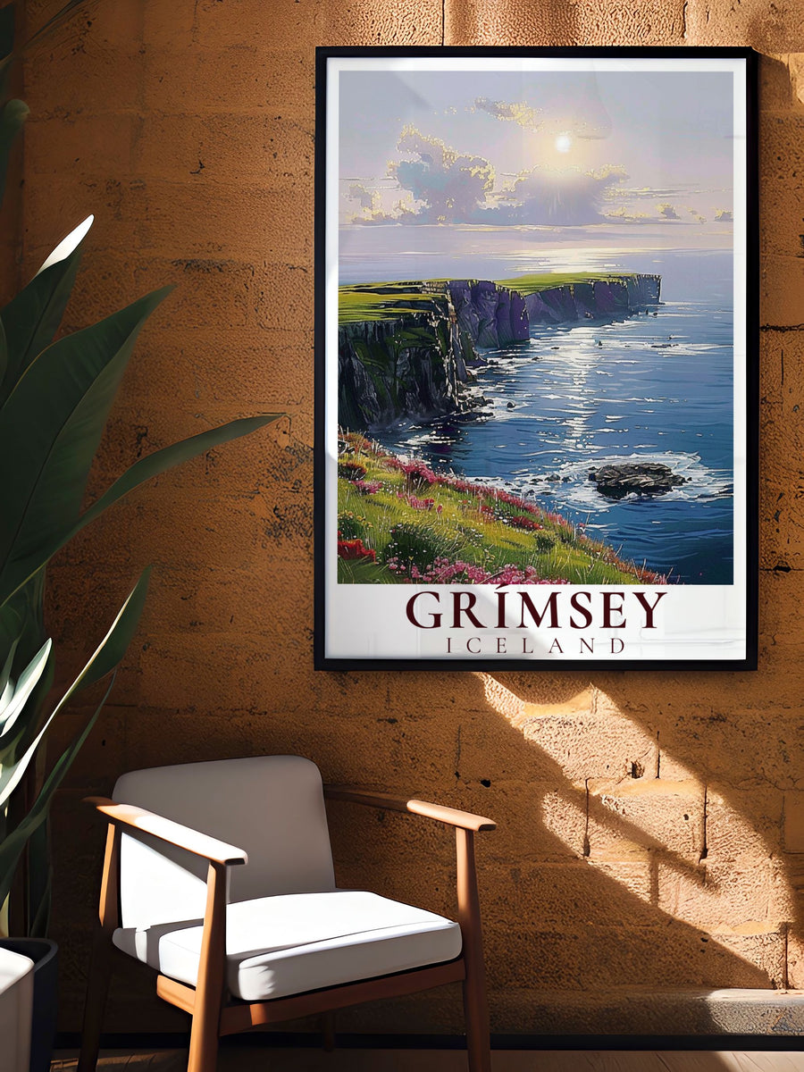 The Grimsey Travel Poster captures Icelands magic with a depiction of its coastline, where the Northern Lights and puffins are a frequent sight. A must have for those who appreciate Icelandic artwork.