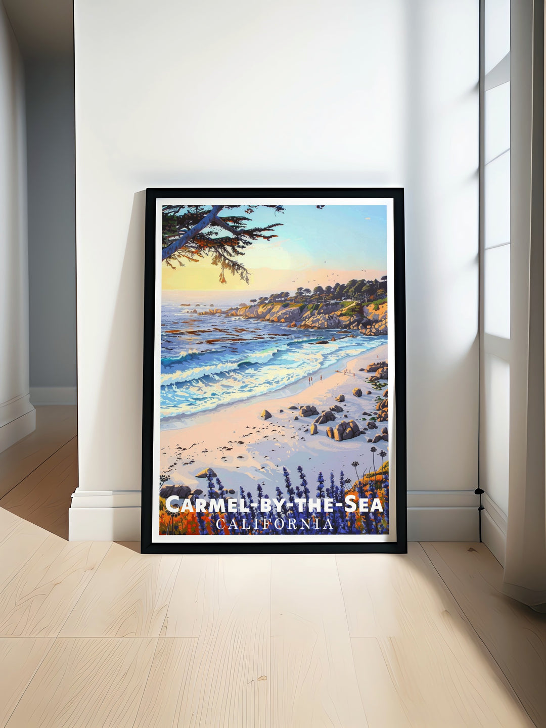 Beautiful Carmel Beach travel prints showcasing the serene California coastline perfect for any wall art collection and adding a touch of elegance to your home decor with modern artwork that captures the essence of this charming destination