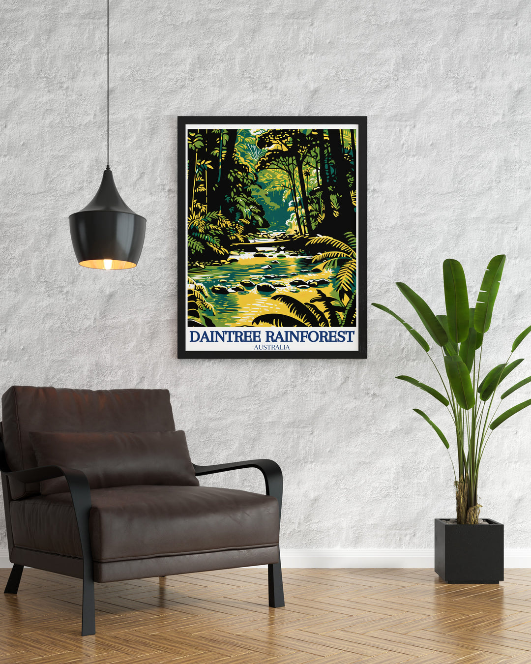 Daintree Travel Print captures the serenity and beauty of Australias oldest rainforest, Mossman Gorges clear waters, and Emmagen Creeks peaceful charm. This wall art is a perfect addition to any space, offering a tranquil escape into nature.